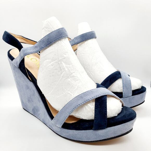 NWOT QLoxe Navy & Light Blue Colorblock Strappy Wedge Sandals Women's Size 8.5 - Picture 1 of 12